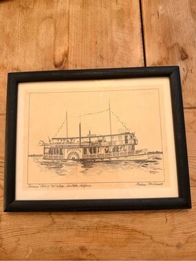 Black & White Framed Nautical Maritime Paddleboat Art Illustration signed